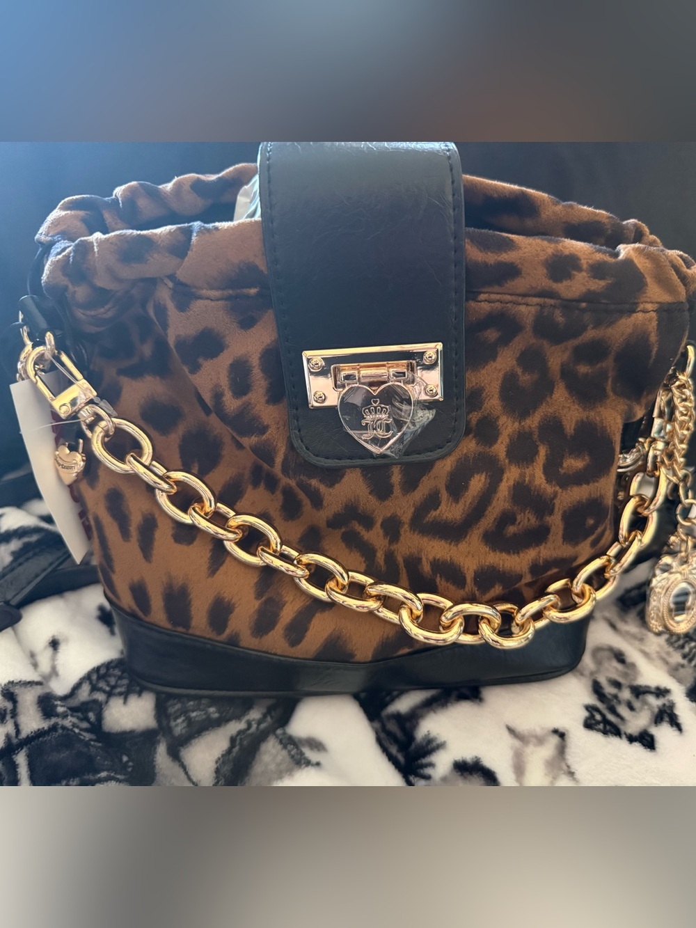 Juicy Couture Brown Leopard Print Bucket Bag with Gold Chain